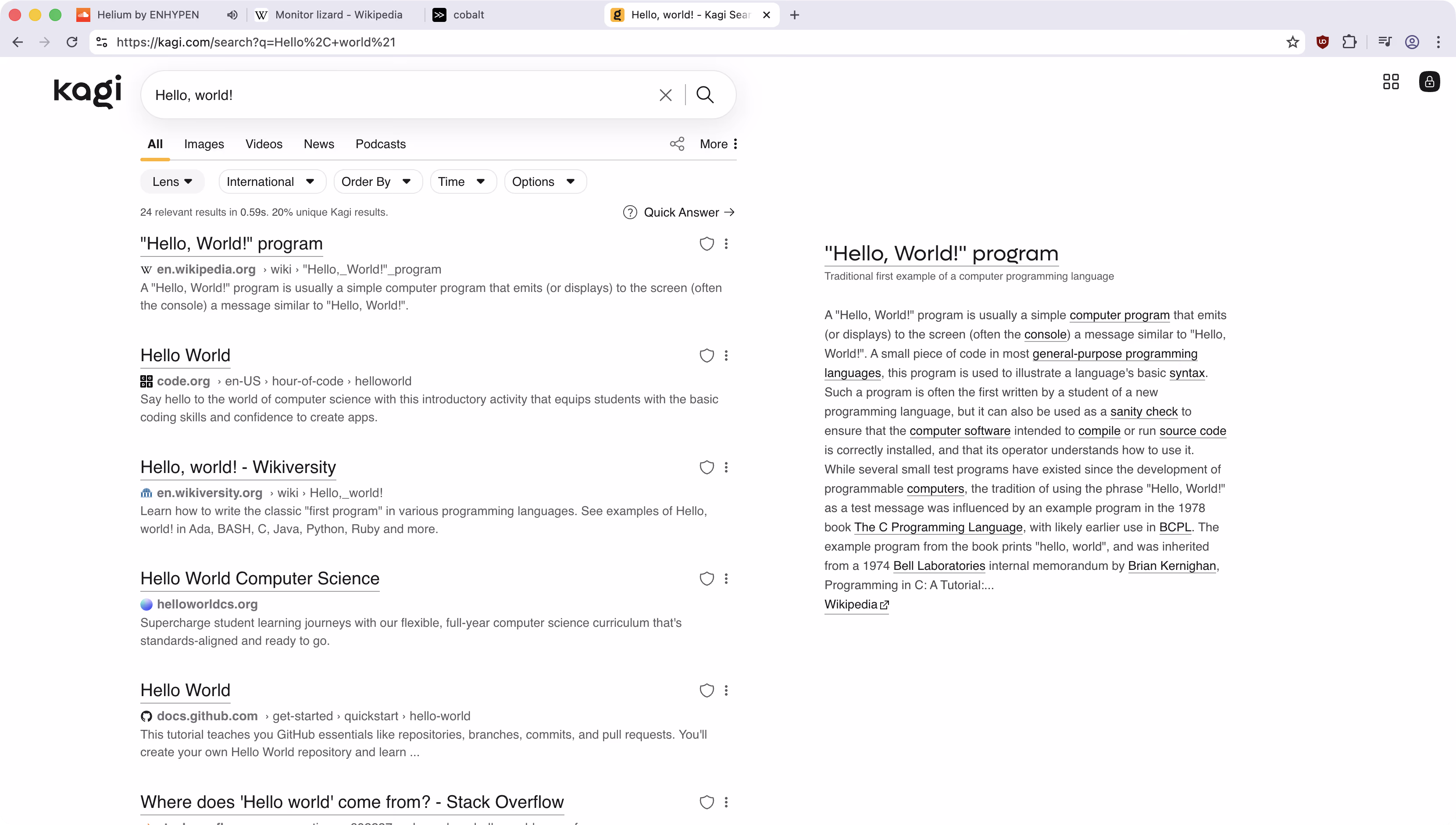 Screenshot of the Helium browser. The current tab is search for query 'Are lizards and dinosaurs related?'