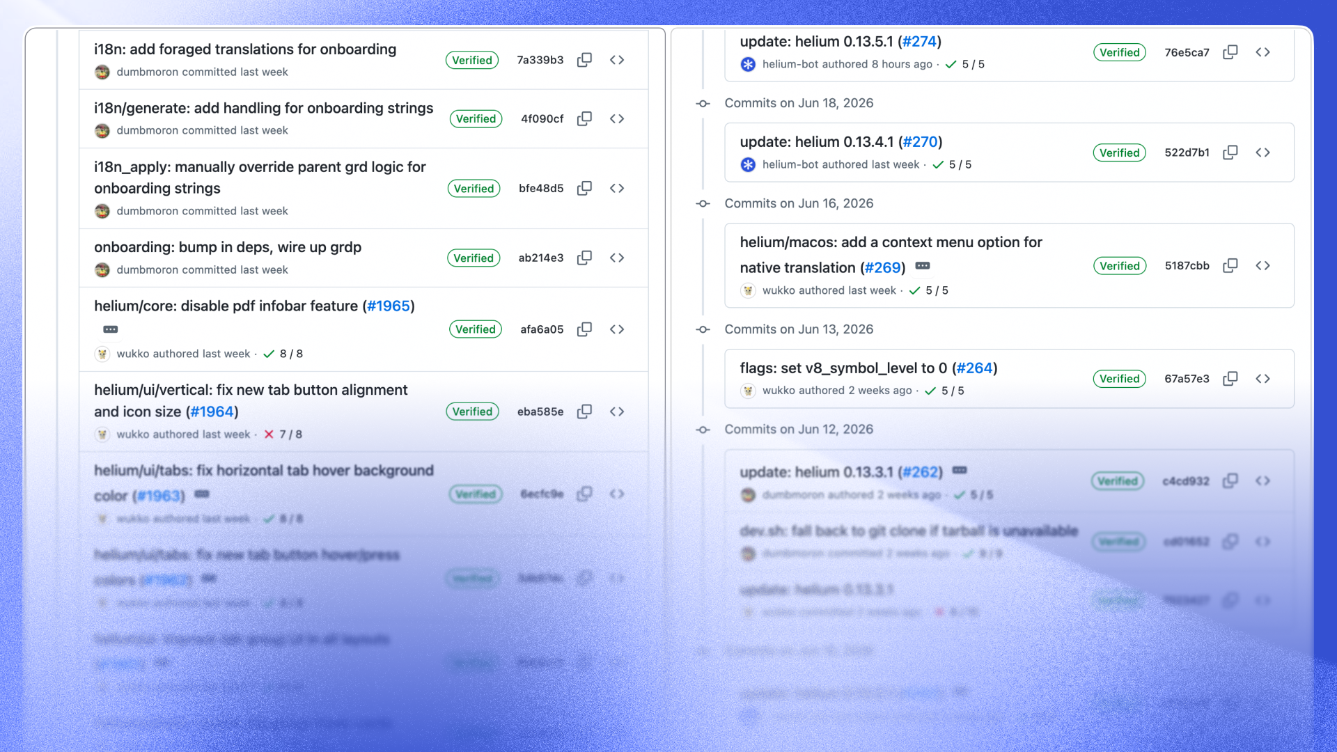 Helium's public commit history on GitHub.